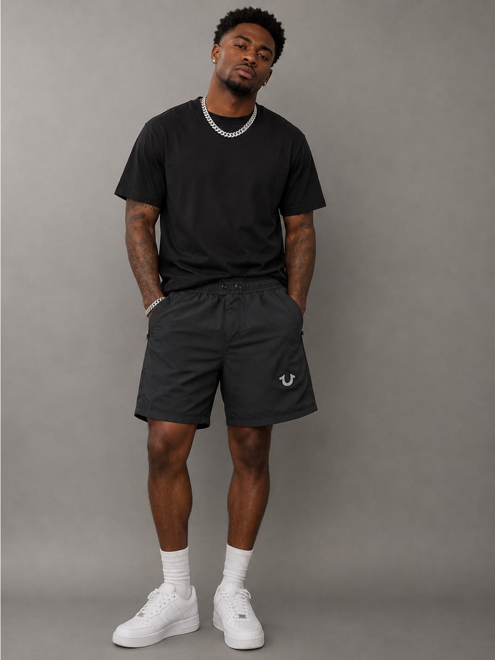 True Religion Charcoal Black Swim Shorts with Horseshoe Logo